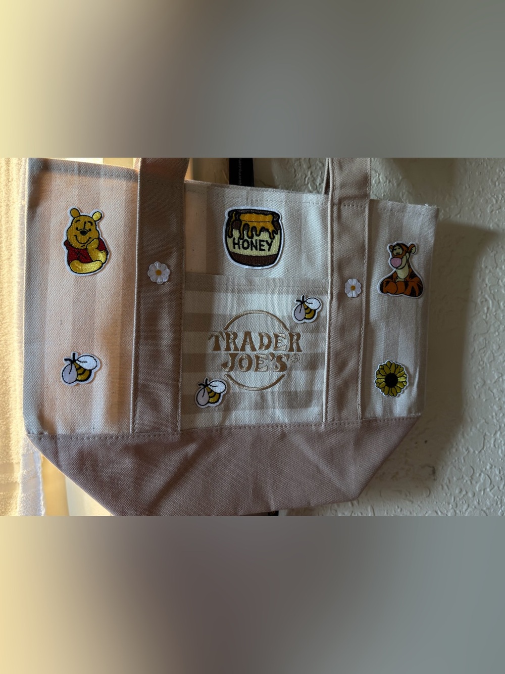 Trader Joe's Beige & Cream Striped Tote with Winnie-the-Pooh Patches - Picture 7 of 7